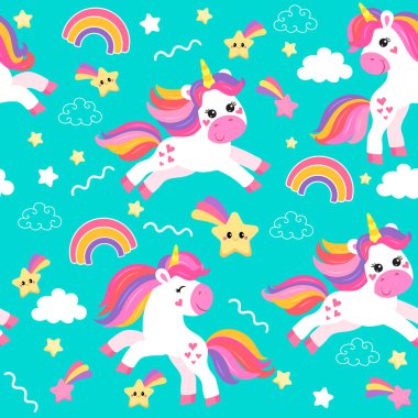 Çocuklar için çizgi film tarzında tek boynuzlu atlar olan renksiz desenler. vektör illüstrasyonu