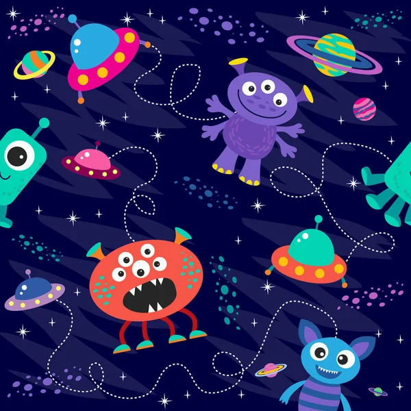 Seamless Pattern Aliens Space Monsters Planets Rockets Stars Comets Spaceships — ストックベクタ