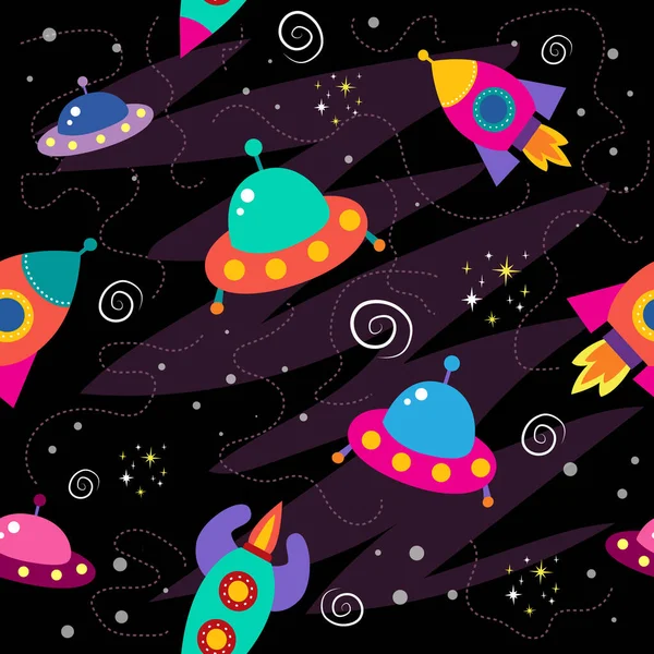 Seamless Pattern Space Objects Planets Rockets Stars Comets Spaceships Cartoon — Vector de stock