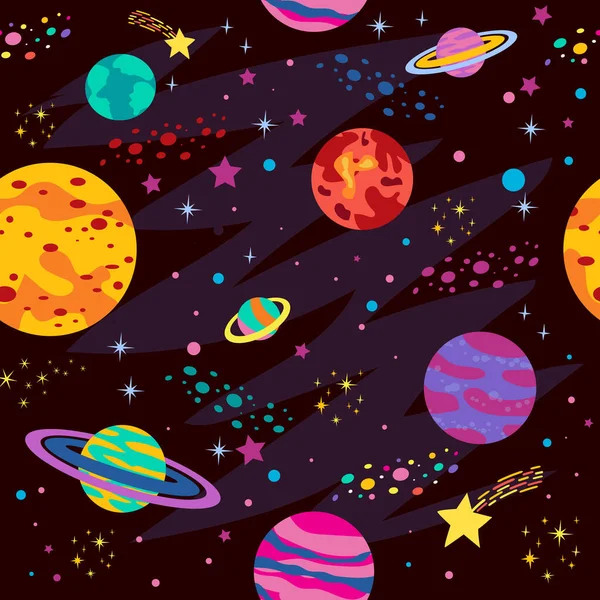 Seamless Pattern Space Objects Planets Rockets Stars Comets Spaceships Cartoon — Vetor de Stock