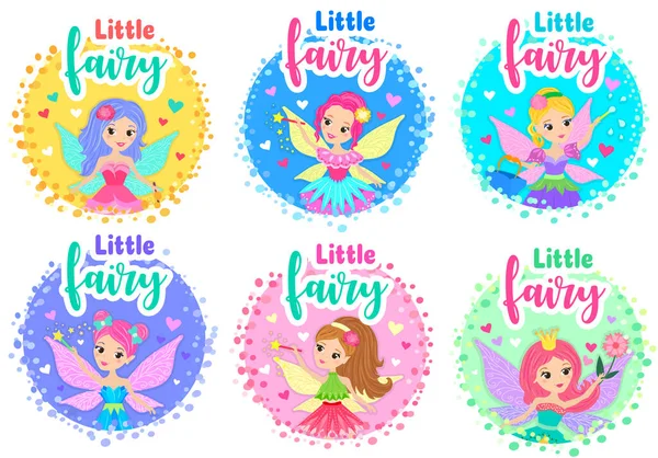 Set Stickers Cute Bright Cartoon Style Fairies Vector Illustration Kids — Stok Vektör