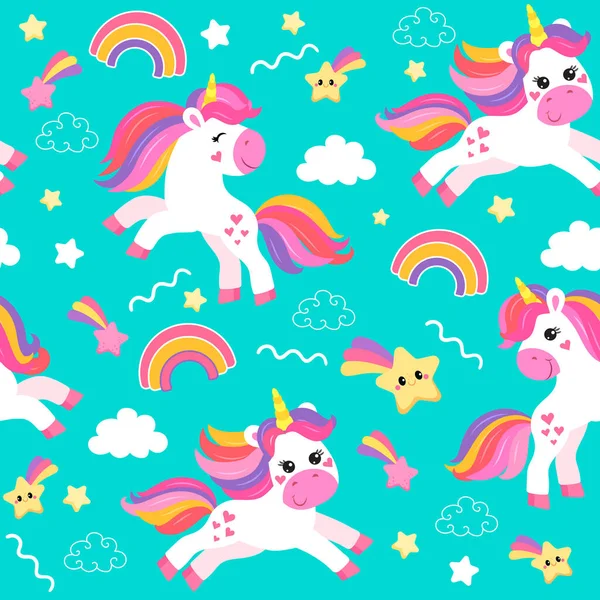 Colorful Seamless Patterns Unicorns Cartoon Style Kids Vector Illustration — Wektor stockowy