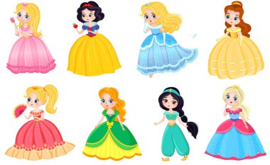  set of beautiful fairy princesses in elegant dresses isolated on white background