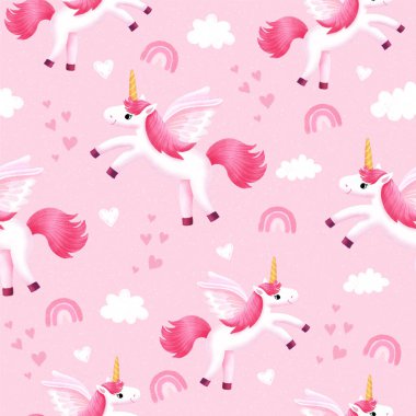 Çocuklar için çizgi film tarzında tek boynuzlu atlar olan renksiz desenler. Pastel çizim