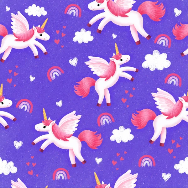 Çocuklar için çizgi film tarzında tek boynuzlu atlar olan renksiz desenler. Pastel çizim