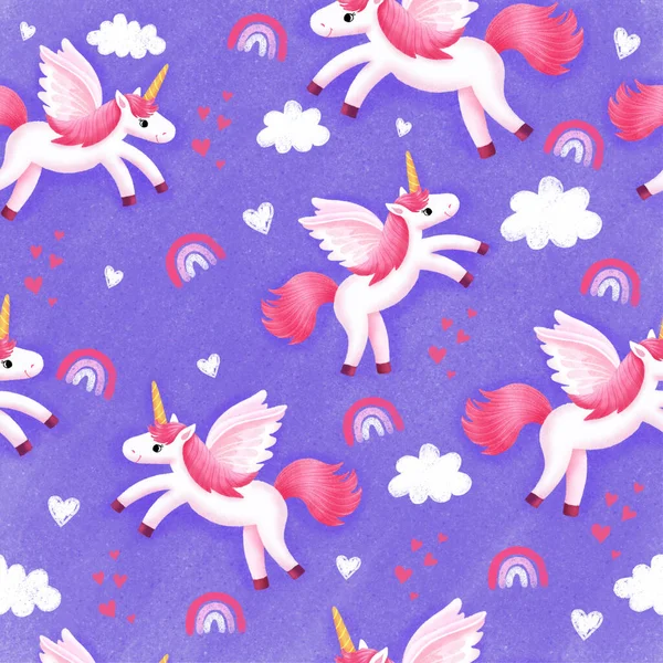 colorful seamless patterns with unicorns in cartoon style for kids. pastel illustration