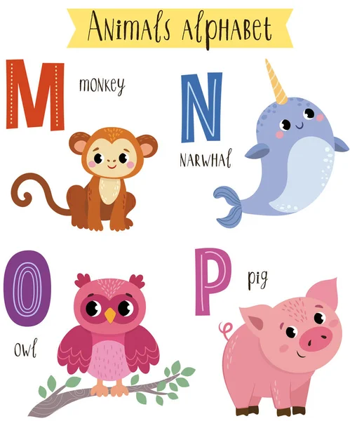 Illustration Cute Animals Isolated White Background Children Alphabet Pictures — Stock Vector