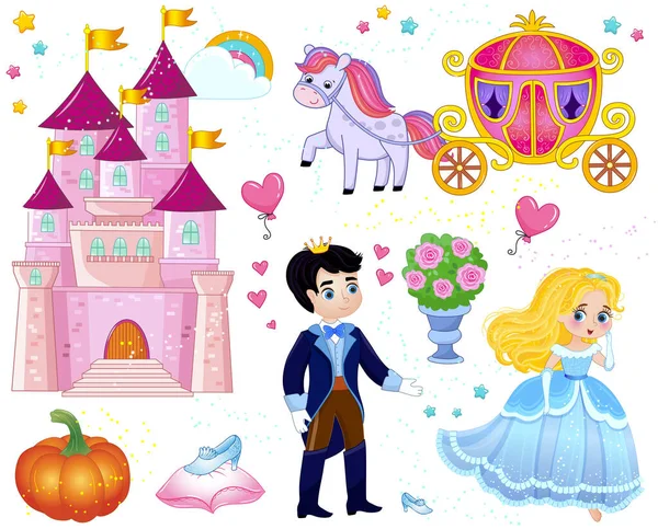 Set Von Märchenhaften Gegenständen Und Figuren Cartoon Stil Prinz Und — Stockvektor