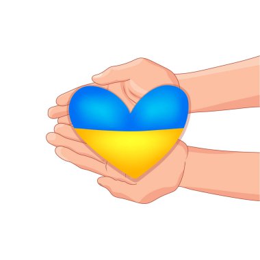 Ukrayna 'ya destek afişi. Savaşı durdurun, Ukrayna 'ya yardım edin. Ukrayna 'nın kalbi ellerinde bayrak. Uluslararası protesto. Vektör illüstrasyonu 