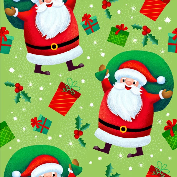 Seamless Christmas Pattern Template Cartoon Style Santa Claus Gifts Greeting — Stock Photo, Image