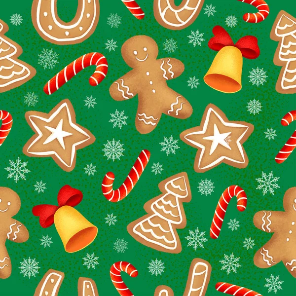 Nahtlose Weihnachtsmustervorlage Cartoon Stil Mit Weihnachtlichen Lebkuchen Geschenken Und Gruß — Stockfoto