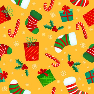 Noel şekerlemeleri, hediyeler, kutsal yapraklar ve çanlar eşliğinde kusursuz bir Noel şablonu. ambalaj kağıdı, tekstil, temalı dekor için