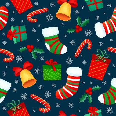 Noel şekerlemeleri, hediyeler, kutsal yapraklar ve çanlar eşliğinde kusursuz bir Noel şablonu. ambalaj kağıdı, tekstil, temalı dekor için