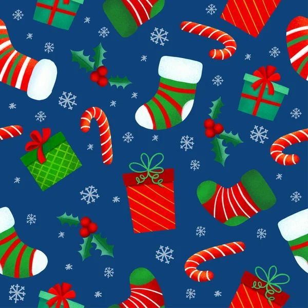 Noel şekerlemeleri, hediyeler, kutsal yapraklar ve çanlar eşliğinde kusursuz bir Noel şablonu. ambalaj kağıdı, tekstil, temalı dekor için