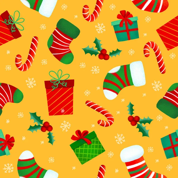クリスマスキャンディー ギフト ホリーの葉や鐘と漫画のスタイルでシームレスなクリスマスパターンテンプレート テーマ別の装飾を包み — ストック写真