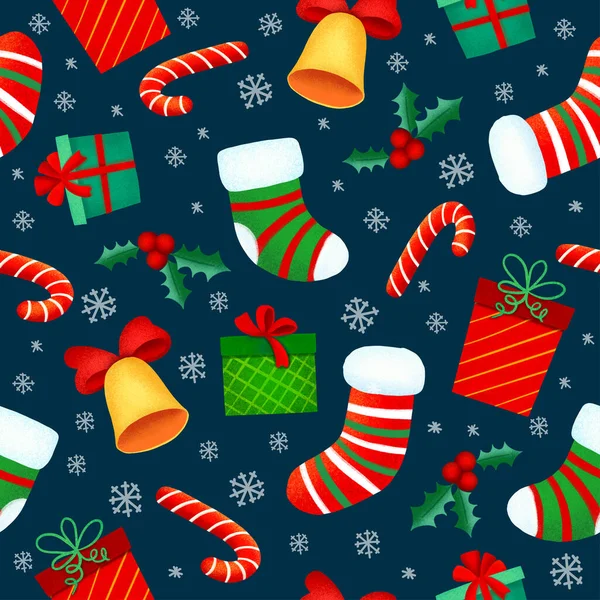 Noel şekerlemeleri, hediyeler, kutsal yapraklar ve çanlar eşliğinde kusursuz bir Noel şablonu. ambalaj kağıdı, tekstil, temalı dekor için