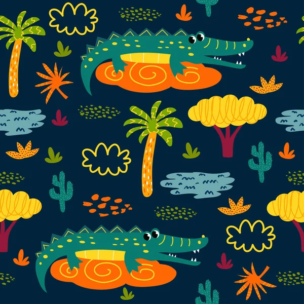 Timsah ve bitkilerin çocuksu bir çizgi film tarzında kusursuz desenleri var. Vektör çizimi. çocuk tekstil ve dekorasyonu için