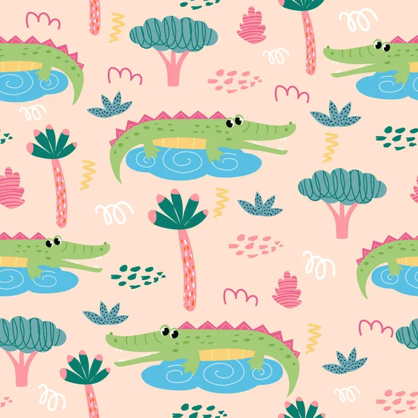 Seamless Pattern Crocodile Plants Childish Cartoon Style Vector Illustration Children — Stock Vector