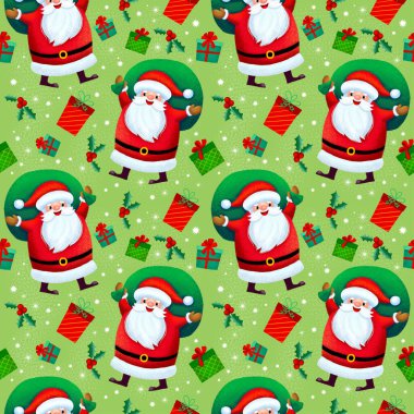 Çizgi film stili Noel Baba, hediyeler ve karşılama mektuplarıyla kusursuz bir Noel şablonu. ambalaj kağıdı, tekstil, temalı dekor için