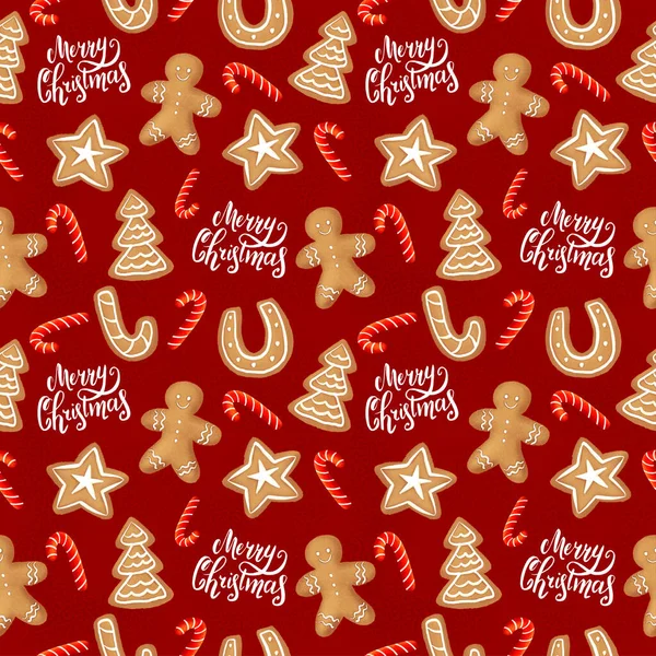 Noellerin kusursuz şablonu, zencefilli kek, hediyeler ve karşılama harfleriyle çizilmiş. ambalaj kağıdı, tekstil, temalı dekor için