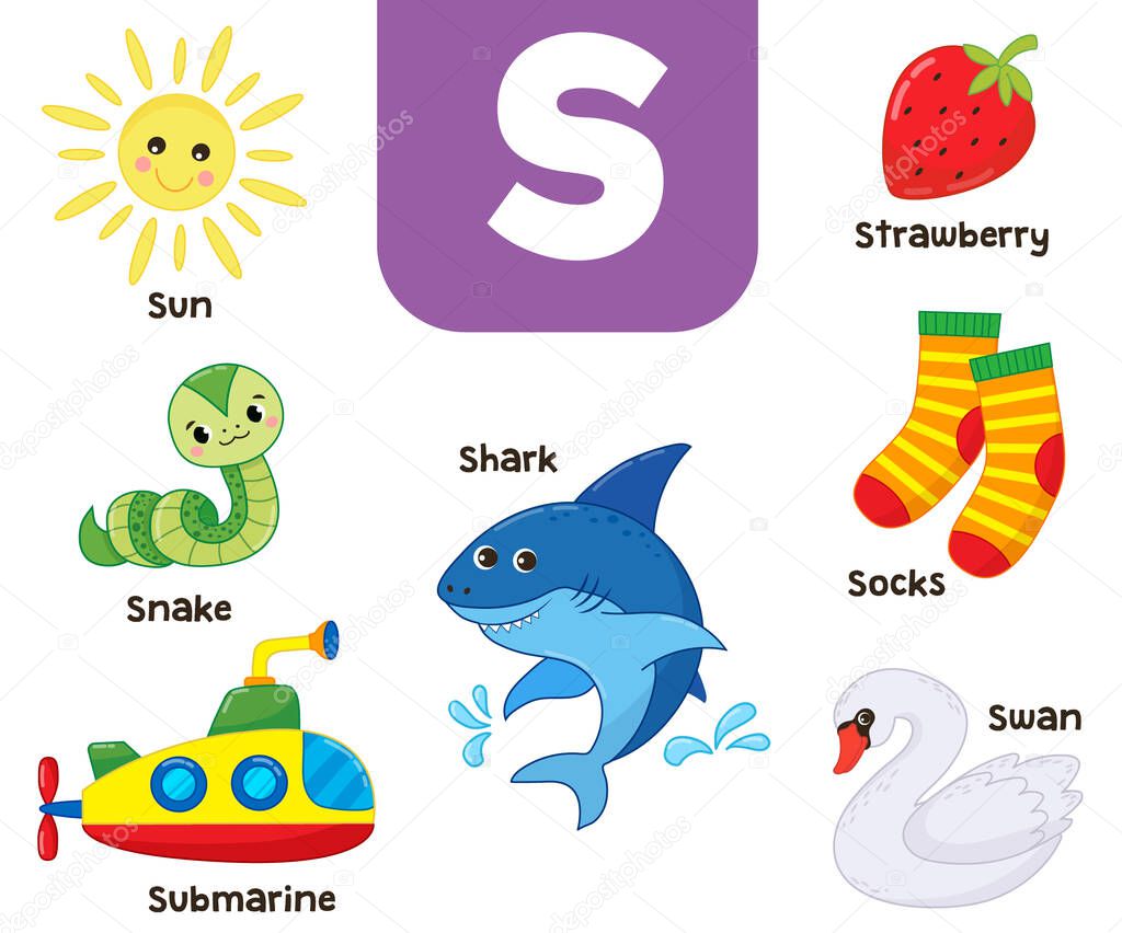 English alphabet in pictures  Children's colored letter S