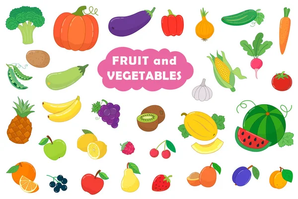Große Menge Obst Und Gemüse Cartoon Stil Vektorillustration — Stockvektor