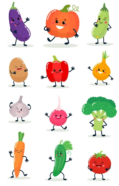 Set Vegetables Cheerful Face Vector Illustration Isolated White Background — Stock Vector