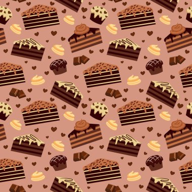 Çikolatalı kek ve keklerle kusursuz desen. Çikolata ürünleri. vektör illüstrasyonu