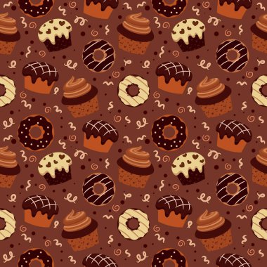 Çikolatalı kek ve keklerle kusursuz desen. Çikolata ürünleri. vektör illüstrasyonu