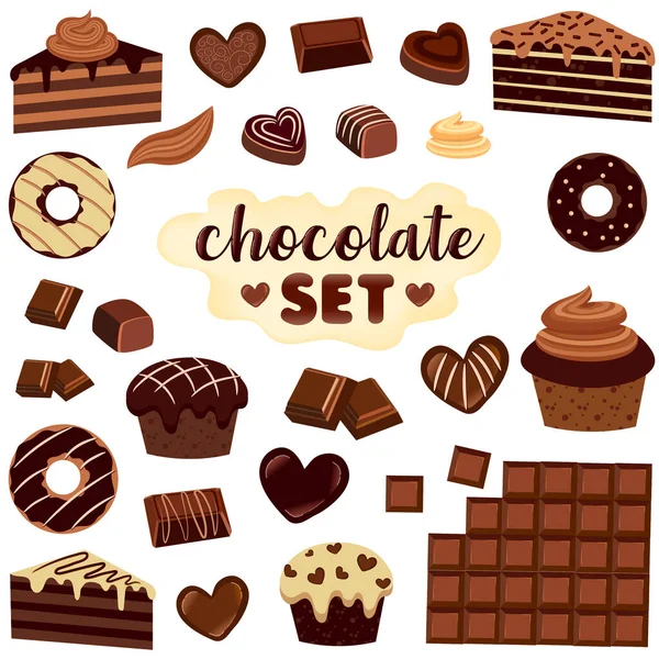 Csokoládétermékek Széles Választéka Szív Alakú Édességek Csokoládé Darabok Feketén Tejesen — Stock Vector