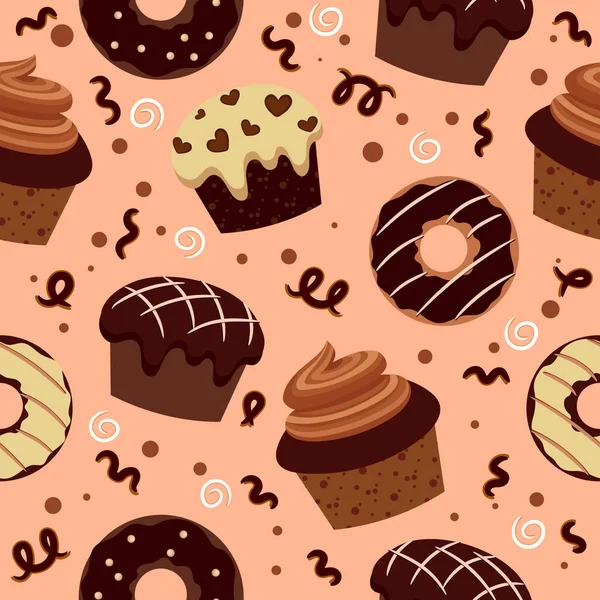 Bezešvé Vzory Čokoládovými Brownies Muffiny Čokoládové Výrobky Vektorová Ilustrace — Stockový vektor