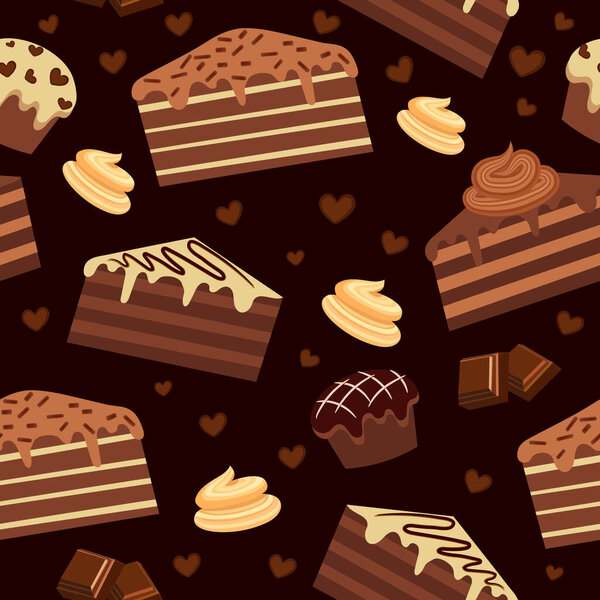 seamless pattern with chocolate brownies and muffins. chocolate products. vector illustration