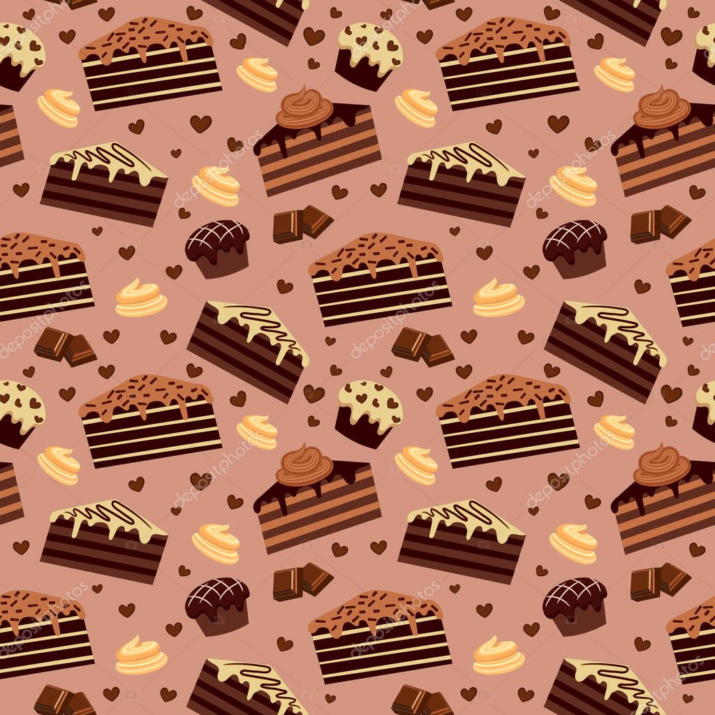 Seamless pattern with chocolate brownies and muffins. chocolate products. vector illustration