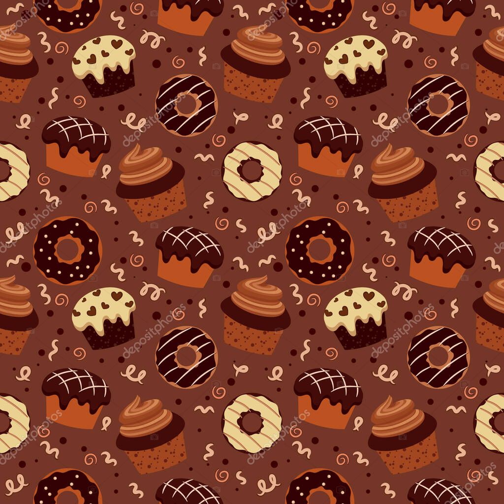 Seamless pattern with chocolate brownies and muffins. chocolate products. vector illustration