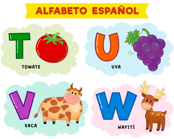 Alfabeto Español Ilustración Vectorial Escrito Tomate Español Uva Vaca Ciervo — Vector de stock