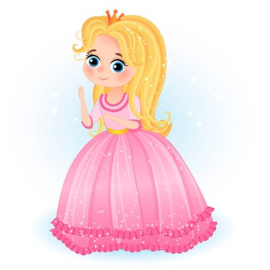Taçlı küçük prenses muhteşem bir elbise giyiyordu ve beyaz arka planda izole edilmiş bir şekilde özetlenmişti. vektör illüstrasyonu