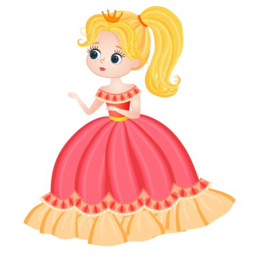 Taçlı küçük prenses muhteşem bir elbise giyiyordu ve beyaz arka planda izole edilmiş bir şekilde özetlenmişti. vektör illüstrasyonu