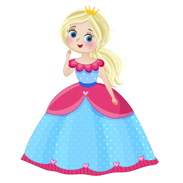 Taçlı küçük prenses muhteşem bir elbise giyiyordu ve beyaz arka planda izole edilmiş bir şekilde özetlenmişti. vektör illüstrasyonu