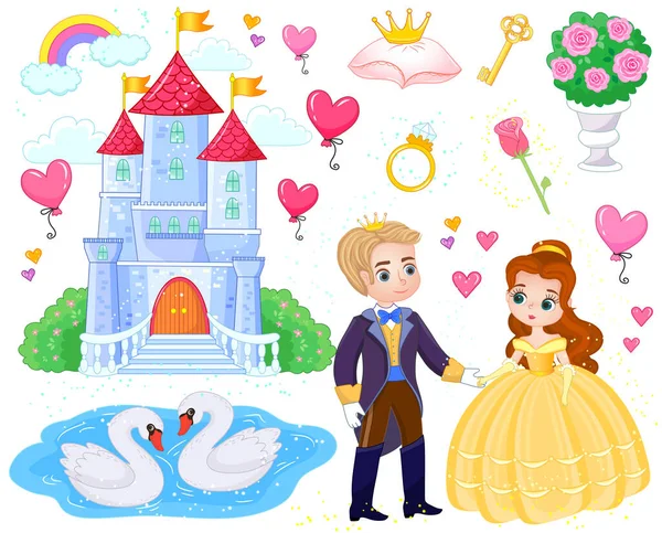 一套卡通片风格的童话故事和人物 王子和公主在城堡附近矢量说明 — 图库矢量图片