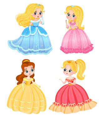 Çizgi film karakterleri Pamuk Prenses, Cinderella, beyaz arka planda izole edilmiş küçük denizkızı Ariel ve Belle. Zarif elbiseli güzel prensesler. 