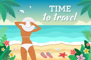 Tropikal görünüş. Egzotik bir ülkede tatil. Yaz indirimi afişi. Palmiye ağaçları, plaj, bitkiler. vektör illüstrasyonu