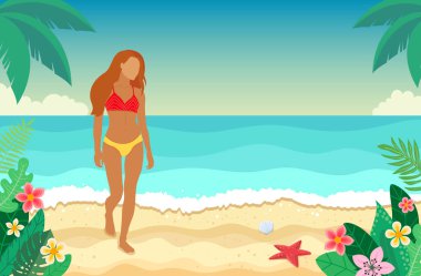 Tropikal görünüş. Egzotik bir ülkede tatil. Yaz indirimi afişi. Palmiye ağaçları, plaj, bitkiler. vektör illüstrasyonu