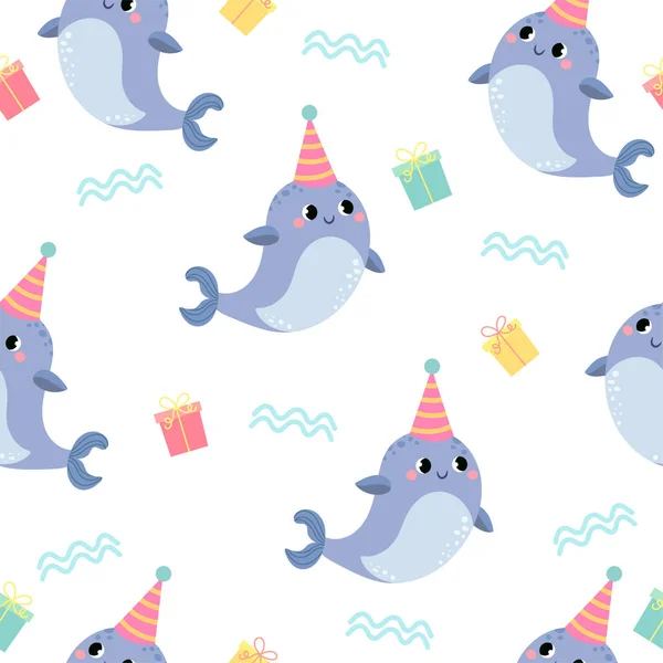 Funny Seamless Patterns Babies Funny Animals Cartoon Style Birthday Decoration — Vettoriale Stock