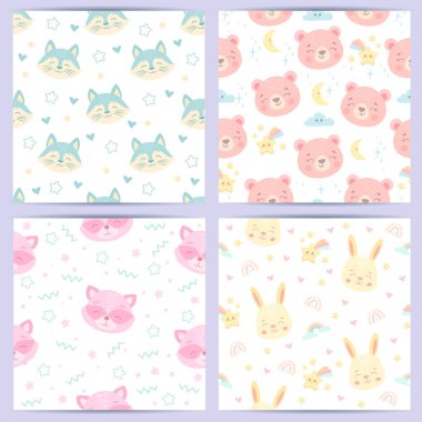 Bebekler için tuhaf hayvanlarla kusursuz bir düzen. Pastel renklerde vektör illüstrasyonu
