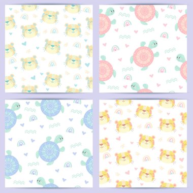 Bebekler için tuhaf hayvanlarla kusursuz bir düzen. Pastel renklerde vektör illüstrasyonu