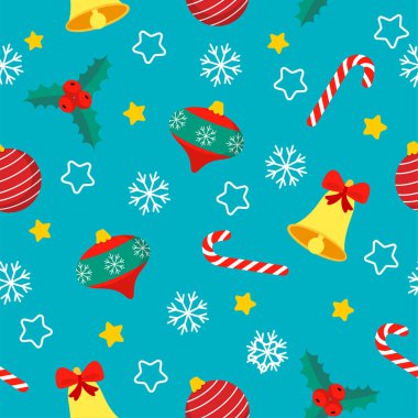 Noel şekerlemeleri, hediyeler, kutsal yapraklar ve çanlar eşliğinde kusursuz bir Noel şablonu. ambalaj kağıdı, tekstil, temalı dekor için