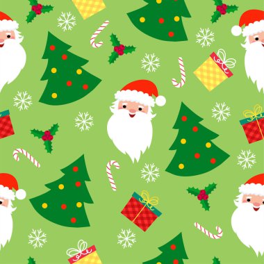 Noel şekerlemeleri, hediyeler, kutsal yapraklar ve çanlar eşliğinde kusursuz bir Noel şablonu. ambalaj kağıdı, tekstil, temalı dekor için