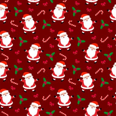 Noel şekerlemeleri, hediyeler, kutsal yapraklar ve çanlar eşliğinde kusursuz bir Noel şablonu. ambalaj kağıdı, tekstil, temalı dekor için
