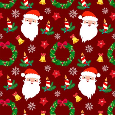 Noel şekerlemeleri, hediyeler, kutsal yapraklar ve çanlar eşliğinde kusursuz bir Noel şablonu. ambalaj kağıdı, tekstil, temalı dekor için