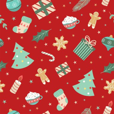 Noel şekerlemeleri, hediyeler, kutsal yapraklar ve çanlar eşliğinde kusursuz bir Noel şablonu. ambalaj kağıdı, tekstil, temalı dekor için